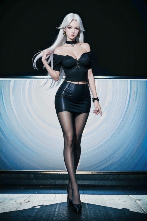 1 girl, solo, white hair, blue eyes, dress, hair decoration, wig, Long hair, jewelry, looking at the audience, bracelet, Black skirt, bangs, ((1 girl)), (big bust), bust photo, female solo, Depth of Field, Dark earrings, Blue Jewelry, off-the-shoulder shirt, (black sheath dress), (black pantyhose:1.4), (white silk), (white long hair:1.4), High heels, (fidelity :1.3, realistic), highly detailed CG unified 8K wallpaper, ((directly from front)), (HQ skin :1.3, smooth skin), 8K Ultra HD, SLR, soft lighting, high quality, film grainy, Fujifilm XT3, (Professional lighting), namomogonbay, Red lips, (long shot:0.8), (丰A space full of imagination),Outdoor, moonlight, ocean, the real environment