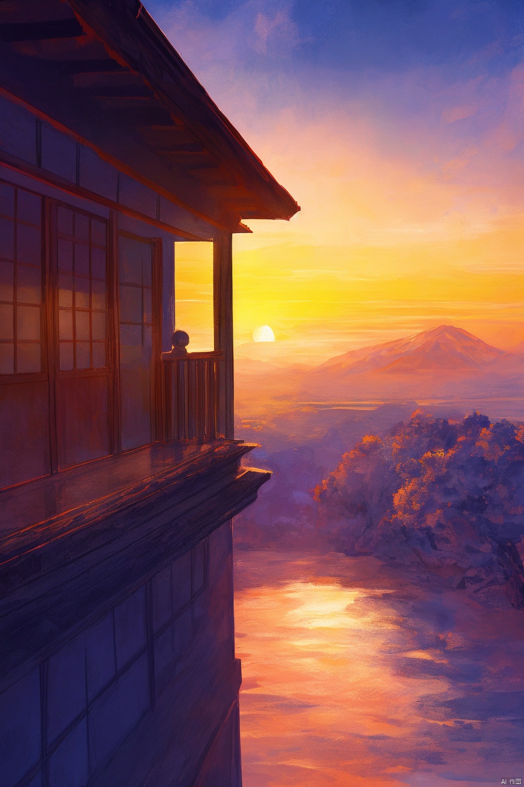 Sunset against the mountains, as day fades into twilight, the Yellow River meanders, flowing into the ocean's embrace. A traveler, standing on the ancient pagoda's balcony, yearns for an even broader sight, deciding to ascend another level. The scene portrays the poetic fusion of natural landscapes—vibrant orange and pink hues painting the sky, the river's shimmering surface reflecting the last light of day. The architecture is intricate, showcasing the pagoda's wooden structure and carved balustrades under the soft glow of lanterns. (sunset glow:1.5), mountain silhouette:1.3, yellow river's curve:1.4, vast sea horizon:1.2, traditional pagoda:1.3, ascending stairs:1.1, traveler's anticipation:1.2, (warm lighting:1.4) The composition encapsulates the poem's philosophical depth, inspiring the viewer to seek greater heights for broader perspectives, both literally and metaphorically.