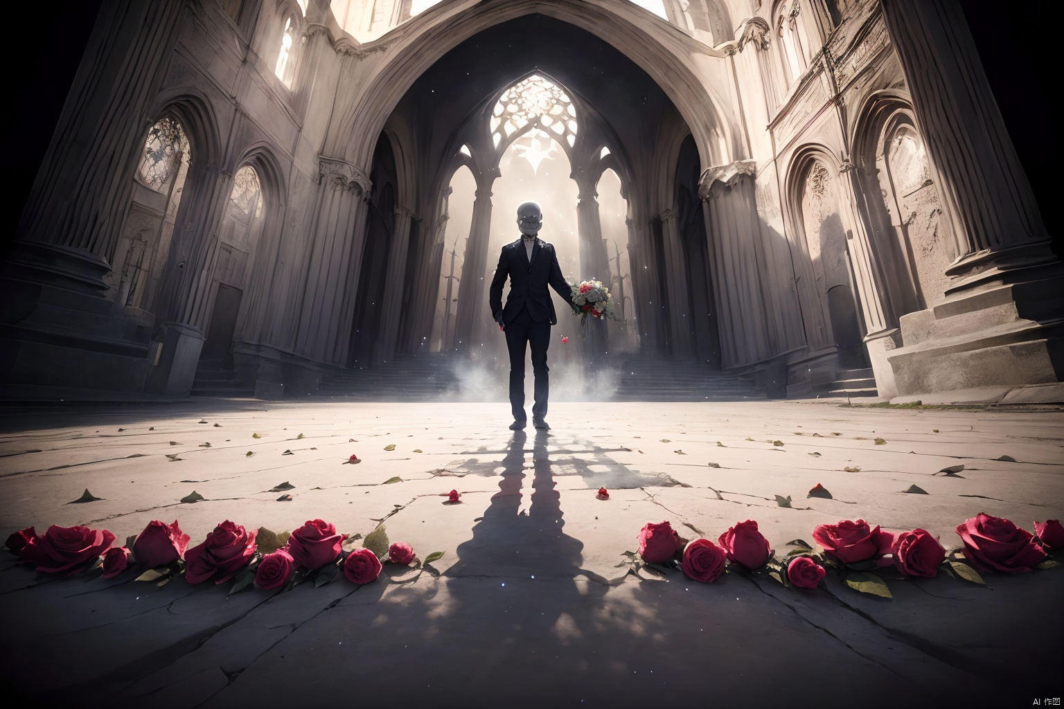 A moonlit graveyard, (eerie ambiance:1.3), a single standing tombstone engraved with a lovers' epitaph, (romantic symbolism:1.2), wilted roses scattered around, (signs of forgotten love:1.4), the scene illuminated by a pale full moon, casting long shadows, (mysterious glow:1.5).

In the forefront, a stylized human skeleton, (grinning skull with a rose in its teeth:1.3), adorned in tattered remnants of wedding attire, (veil, suit jacket:1.2), holding a wilted bouquet, (reminder of life's fleetingness:1.4), positioned as if dancing, embodying the union beyond life, (eternal love and mortality:1.5).

The background features a Gothic cathedral silhouette, (timeless architecture:1.8), against a starry night sky, hinting at the cosmos and infinity, (cosmic perspective on existence:1.7). The use of chiaroscuro enhances the dramatic contrast, (the play of light and shadow on mortality:1.6), while maintaining an air of melancholic beauty. 