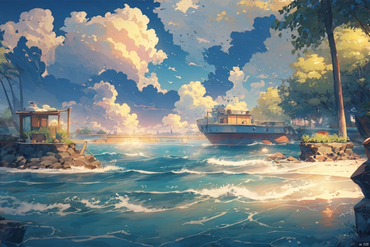  (((best quality,masterpiece))),outdoors,sea,day,seecolor, cozy animation scenes