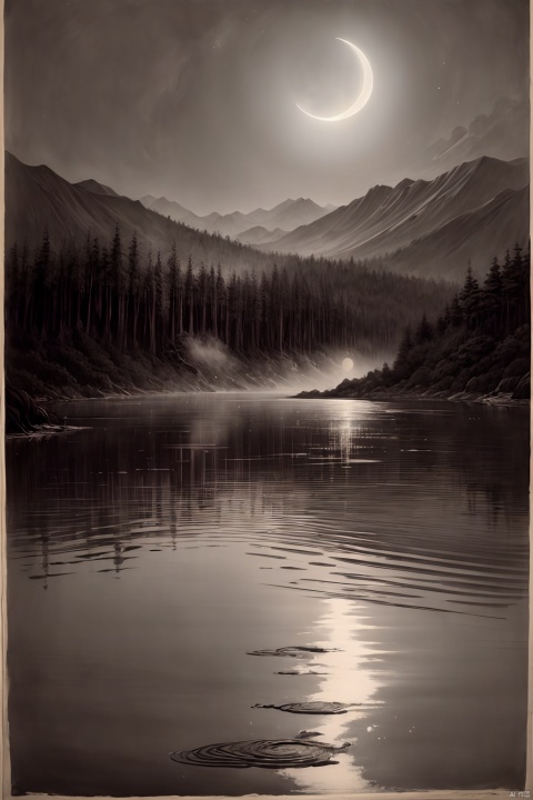 moonlight on tranquil lake, traditional chinese ink painting, (sumi-e:1.5), autumn night, silver moon, serene waters, (mirror-like lake surface:1.3), ripples suppressed, ink wash technique, (calm and still:1.2), distant mountains, silhouetted, reflected in the lake, (artist's perspective:1.1), hanging scroll format, delicate brushwork, (scholarly retreat:1.4), reeds at the water's edge, dewy mist, poetic ambiance, (ink play to depict moonlight:1.5), ancient pine trees, subtle gradations of black and white, capturing the essence of tranquility, (celestial harmony:1.6)