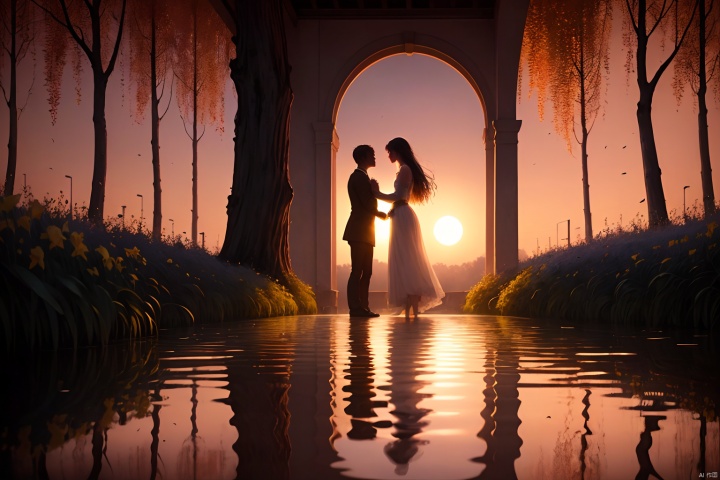 A serene garden at sunset, (romantic ambiance:1.2), two figures entwined in an embrace, symbolizing eternal love, (ethereal glow:1.3), flowers blooming, petals gently falling (roses, lilies:1.1), warm color palette, golden hour lighting, (emotional connection:1.5).

In the background, a willow tree by a calm pond, its branches drooping, reflecting on the still water, (mourning symbolism:1.4), a solitary swan gliding, representing the soul's passage, (graceful departure:1.3), soft moonlight filtering through, (silhouette of the afterlife:1.2), the scene divided by a subtle veil, suggesting the thin line between life and death.
