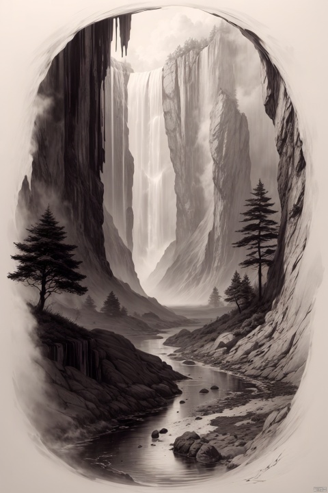 traditional Chinese ink painting, theme "Waterfall Plunging Three Thousand Feet, Mistaken as the Milky Way Falling from Ninefold Heaven", monochrome, ink wash technique, flowing water, cascading waterfall, misty atmosphere, mountains in the distance, rocky cliffs, ancient pine trees, clouds swirling, celestial aura, ethereal beauty, calligraphic brushstrokes, poetic landscape, mountaintop vista, serene wilderness, gradient shades of black and gray, (ink diffusion:1.2), (vertical composition emphasizing height:1.3), majestic scene, immersive environment, spiritual tranquility, atmospheric perspective, (philosopher's contemplation by the waterfall:1.1), oriental aesthetic, timeless masterpiece.