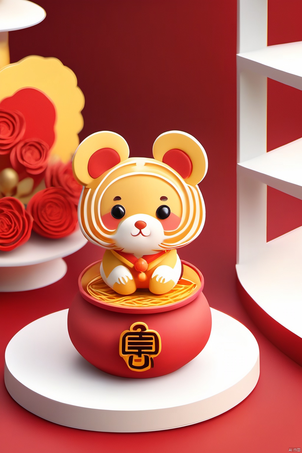 Dessert,3D icon, Chinese style, Cartoon style, Clay material, Lovely, smooth, Red and yellow, White background, The highest detail, The best quality, Upright view, 3D rendering, HD, 8K, papercut