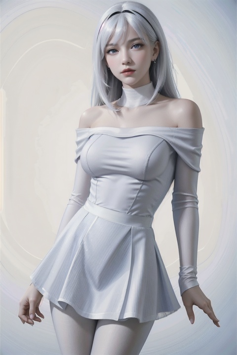 1 girl, solo, white hair, blue eyes, dress, hair decoration, wig, Long hair, jewelry, looking at the audience, bracelet, Black skirt, bangs, ((1 girl)), (big bust), bust photo, female solo, Depth of Field, Dark earrings, Blue Jewelry, off-the-shoulder shirt, (black sheath dress), (white pantyhose:1.4), (White silk), white hair, High heels, (fidelity :1.3, realistic), highly detailed CG unified 8K wallpaper, ((directly from front)), (HQ skin :1.3, smooth skin), 8K Ultra HD, SLR, soft lighting, high quality, film grainy, Fujifilm XT3, (Professional lighting), namomogonbay, Red lips, (long shot:0.8), rich background,