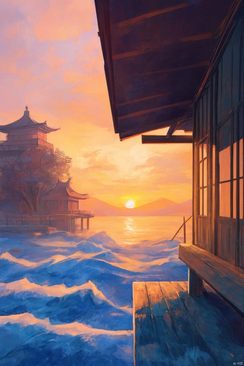 Sunset against the mountains, as day fades into twilight, the Yellow River meanders, flowing into the ocean's embrace. A traveler, standing on the ancient pagoda's balcony, yearns for an even broader sight, deciding to ascend another level. The scene portrays the poetic fusion of natural landscapes—vibrant orange and pink hues painting the sky, the river's shimmering surface reflecting the last light of day. The architecture is intricate, showcasing the pagoda's wooden structure and carved balustrades under the soft glow of lanterns. (sunset glow:1.5), mountain silhouette:1.3, yellow river's curve:1.4, vast sea horizon:1.2, traditional pagoda:1.3, ascending stairs:1.1, traveler's anticipation:1.2, (warm lighting:1.4) The composition encapsulates the poem's philosophical depth, inspiring the viewer to seek greater heights for broader perspectives, both literally and metaphorically.