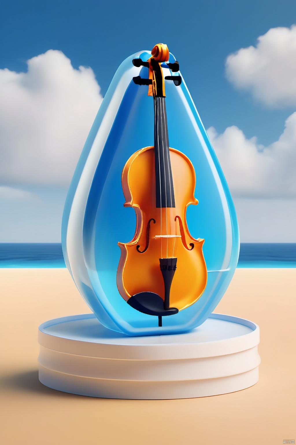 A violin shaped container with a sea World,Sunny beach,Cheesy milk-covered clouds,HD 8K,in realistic and ultra detailed rendering styles, C4D, octane rendering, behance, Surrealism, 3dIcon