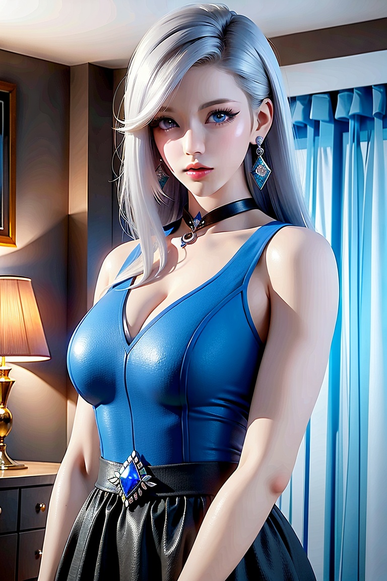  A girl, solo, white hair, blue eyes, prom dress, hair decoration, a hoge, long hair, jewelry, watching the audience, bracelet, black skirt, bangs, ((1 girl)), (big chest), ((whole body: 1.4)), bust photo, female solo, depth of field, dark earrings, blue jewelry. Highly detailed CG unified 8K wallpaper, ((directly from the front)), (HQ skin: 1.3, smooth skin), 8K uhd, SLR, soft lighting, high quality, film grain, Fuji XT3, (professional lighting), red lips,Bedroom, indoor