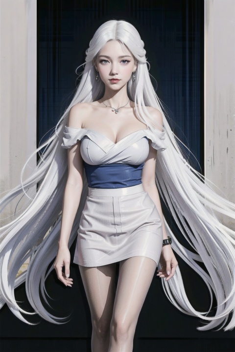 1 girl, solo, white hair, blue eyes, dress, hair decoration, wig, Long hair, jewelry, looking at the audience, bracelet, Black skirt, bangs, ((1 girl)), (big bust), bust photo, female solo, Depth of Field, Dark earrings, Blue Jewelry, off-the-shoulder shirt, (black sheath dress), (white pantyhose:1.4), (white silk), ((white long hair:1.4)), High heels, (fidelity :1.3, realistic), highly detailed CG unified 8K wallpaper, ((directly from front)), (HQ skin :1.3, smooth skin), 8K Ultra HD, SLR, soft lighting, high quality, film grainy, Fujifilm XT3, (Professional lighting), namomogonbay, Red lips, (long shot:0.8), (Rich background),Outdoor, moonlight, ocean, the real environment
