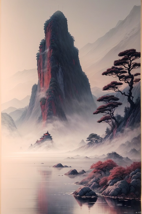 mountain landscape, traditional chinese ink painting style, (sumi-e:1.5), sunrise, sun rays through clouds, purple mist enveloping, (incense burner shaped mountain:1.3), waterfall cascading, distant view, river in foreground, (ink wash technique:1.2), serene atmosphere, rocky cliffs, ancient pine trees, morning glow, (philosopher's rock:1.1), hanging scroll composition, calligraphic brushstrokes, mount lu, china, sense of depth, tranquility, (shimmering water effect:1.4), misty mountains, ethereal light, artistic blur, poetic scene, (chinese aesthetics:1.5)