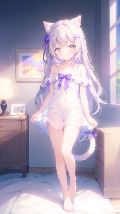  naked，naked，naked，naked body，bedroom，cat ears，cat tail，no clothes，no dress，on the bed，wet body，enjoyable， ((masterpiece, best quality)),girl, solo, looking at viewer, blush, smile, 1girl, (mid shot,full body,panorama,depth of field),
（（game cg style））,(masterpiece),(best quality),illustration,ultra detailed,hdr,Depth of field,(colorful)nes, purple theme, watercolor \(medium\), mahiro