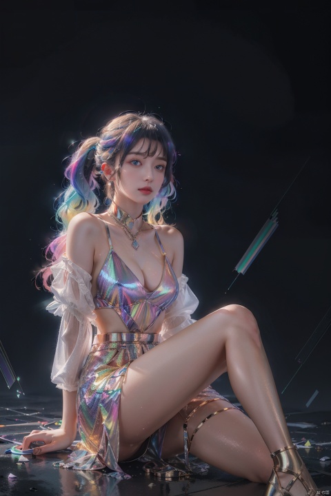  ((best quality)),((masterpiece)), 20-year-old girl, knee shot, hair fluttering, (long hair),jewelry, twintails, hair bun, 

chromatic dispersion, glowing colors, 
(metallic_lustre:1.3), (transparent_plastic:1.1), coloured glaze, Polychromatic prism effect, rainbowcore, iridescence/opalescence, see_through, aluminum foil, glowing ambianc, 
night sky city background, neon, star, standard-breast, ,liuli2