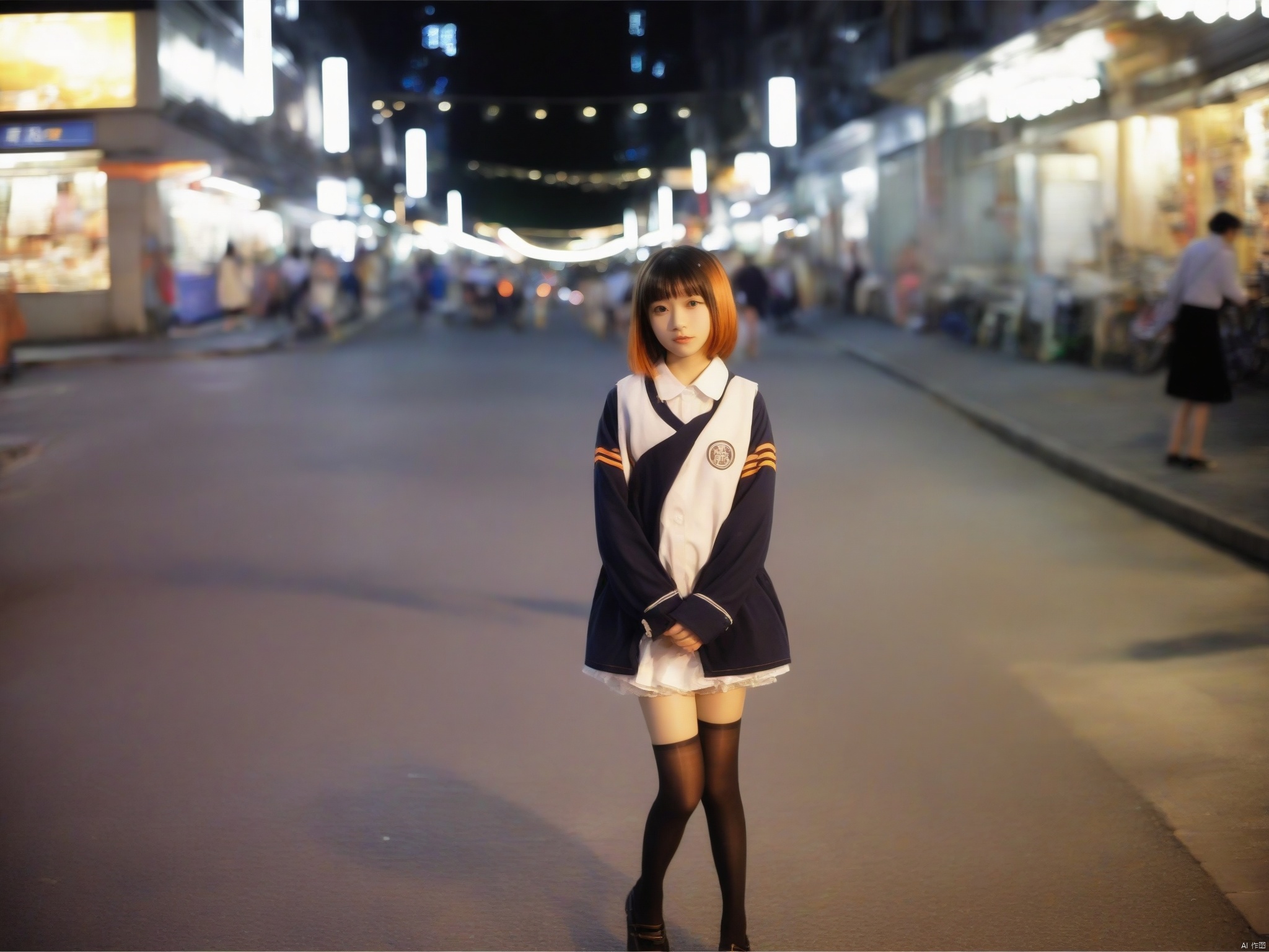 on sreet，under zhe tree，night，1girl，（cosplay：1.5），sholder，（Orange street lamp light：0.6）, abdomen , black stockings, film texture, film lens，A 14-year-old girl, walking along the shops on the street, as a bus approaches in the distance.look from below，little girl，The girl struck a lively pose.small aperture lens