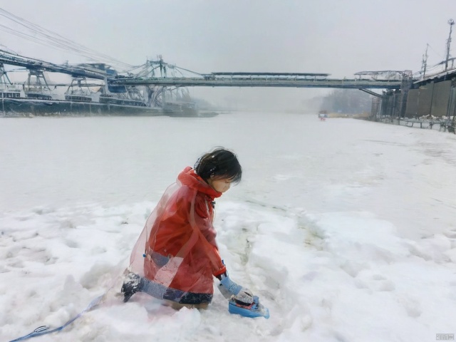 snowing，（A girl wearing a red transparent raincoat：1.5）, looking deeply sorrowful, is kneeling on the ground, her right hand tracing over the snow.left hand cover mouse，The distant river flows tortuously, with steam rising from its surface. The heat emanating from the water creates a hazy, otherworldly atmosphere. The river's course appears to be full of turns and twists, leading one to imagine the many stories it could tell.（ It's a grayish—blue captivating sight  Behind the girl ：1.5）.