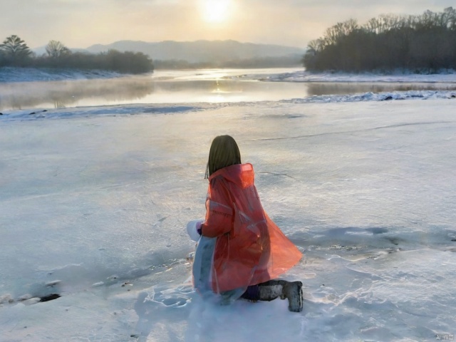 snowing，（A girl wearing a red transparent raincoat：1.5）, looking deeply sorrowful, is kneeling on the ground, her right hand tracing over the snow.left hand cover mouse，The distant river flows tortuously, with steam rising from its surface. The heat emanating from the water creates a hazy, otherworldly atmosphere. The river's course appears to be full of turns and twists, leading one to imagine the many stories it could tell.（ It's a grayish—blue captivating sight  Behind the girl ：1.5）.bling