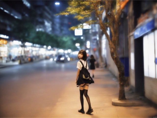 on sreet，under zhe tree，night，1girl，（cosplay：1.5），sholder，（Orange street lamp light：0.6）, abdomen , black stockings, film texture, film lens，A 14-year-old girl, walking along the shops on the street, as a bus approaches in the distance.look from below，little girl，The girl struck a lively pose.small aperture lens