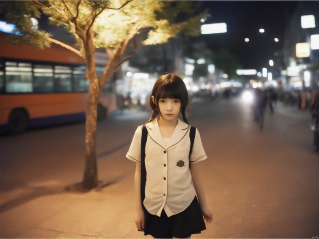 on sreet，under zhe tree，night，1girl，（cosplay：1.5），sholder，（Orange street lamp light：0.6）, abdomen , black stockings, film texture, film lens，A 14-year-old girl, walking along the shops on the street, as a bus approaches in the distance.look from below，little girl，The girl struck a lively pose.small aperture lens