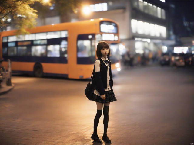 on sreet，under zhe tree，night，1girl，（cosplay：1.5），sholder，（Orange street lamp light：0.6）, abdomen , black stockings, film texture, film lens，A 14-year-old girl, walking along the shops on the street, as a bus approaches in the distance.look from below，little girl，The girl struck a lively pose.small aperture lens