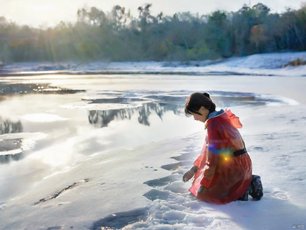snowing，（A girl wearing a red transparent raincoat：1.5）, looking deeply sorrowful, is kneeling on the ground, her right hand tracing over the snow.left hand cover mouse，The distant river flows tortuously, with steam rising from its surface. The heat emanating from the water creates a hazy, otherworldly atmosphere. The river's course appears to be full of turns and twists, leading one to imagine the many stories it could tell.（ It's a grayish—blue captivating sight  Behind the girl ：1.5）.