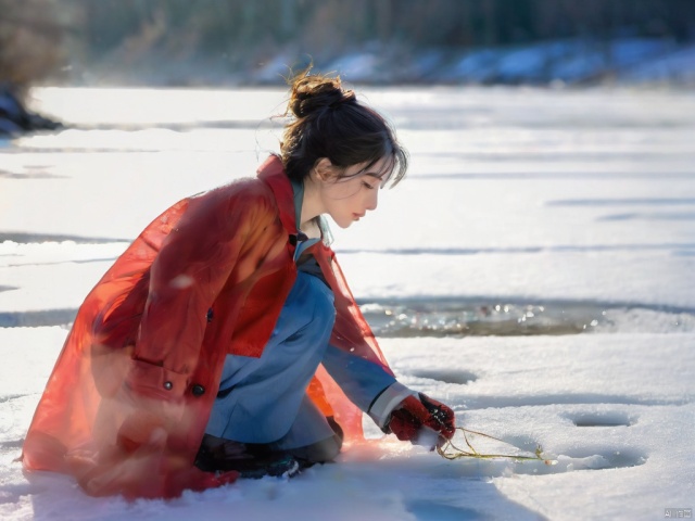 snowing，（A girl wearing a red transparent raincoat：1.5）, looking deeply sorrowful, is kneeling on the ground, her right hand tracing over the snow.left hand cover mouse，The distant river flows tortuously, with steam rising from its surface. The heat emanating from the water creates a hazy, otherworldly atmosphere. The river's course appears to be full of turns and twists, leading one to imagine the many stories it could tell.（ It's a captivating sight  Behind the girl which is a grayish-blue ：1.5）.