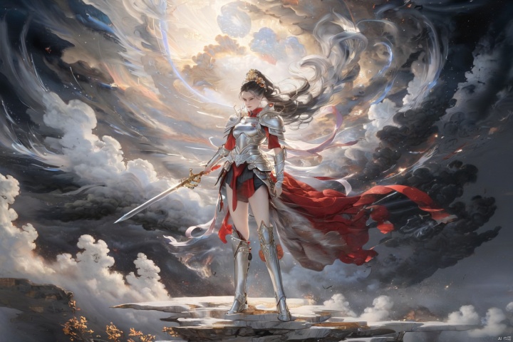 A female general, donning a dazzling silver armor, stands proudly amidst the Heavens. She grips a long spear firmly in her hand, her posture upright and unyielding. Her red cape billows behind her, adding a sense of dynamism and power to her already formidable figure. Her long black hair flows gracefully with the wind, further emphasizing her elegance and femininity.

The painting captures a cinematic quality, with intricate details and fine textures visible throughout. The light and shadow play a crucial role, creating a sense of depth and drama that draws the viewer into the scene. The contrast between the silver, red, and black hues is striking, enhancing the female general's fearless courage and regal bearing.

The composition of the painting is captivating, with a wide-angle landscape shot that showcases the vast and majestic heavens. The天域is depicted as a serene and sacred realm, further emphasizing the female general's position and importance within it. The painting is executed with meticulous precision, with every detail carefully crafted to enhance the overall impact and quality of the work.

From a high altitude perspective, the viewer is able to appreciate the female general's might and elegance, as well as the grandeur and beauty of the Heavens. This painting is a testament to the artist's skill and vision, successfully capturing the essence of the female general's power and dignity.fullbody，