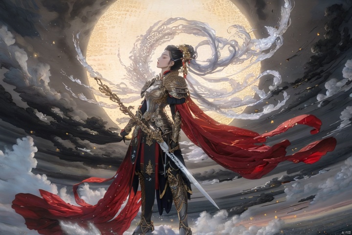 A female general, donning a dazzling silver armor, stands proudly amidst the Heavens. She grips a long spear firmly in her hand, her posture upright and unyielding. Her red cape billows behind her, adding a sense of dynamism and power to her already formidable figure. Her long black hair flows gracefully with the wind, further emphasizing her elegance and femininity.

The painting captures a cinematic quality, with intricate details and fine textures visible throughout. The light and shadow play a crucial role, creating a sense of depth and drama that draws the viewer into the scene. The contrast between the silver, red, and black hues is striking, enhancing the female general's fearless courage and regal bearing.

The composition of the painting is captivating, with a wide-angle landscape shot that showcases the vast and majestic heavens. The天域is depicted as a serene and sacred realm, further emphasizing the female general's position and importance within it. The painting is executed with meticulous precision, with every detail carefully crafted to enhance the overall impact and quality of the work.

From a high altitude perspective, the viewer is able to appreciate the female general's might and elegance, as well as the grandeur and beauty of the Heavens. This painting is a testament to the artist's skill and vision, successfully capturing the essence of the female general's power and dignity.fullbody，