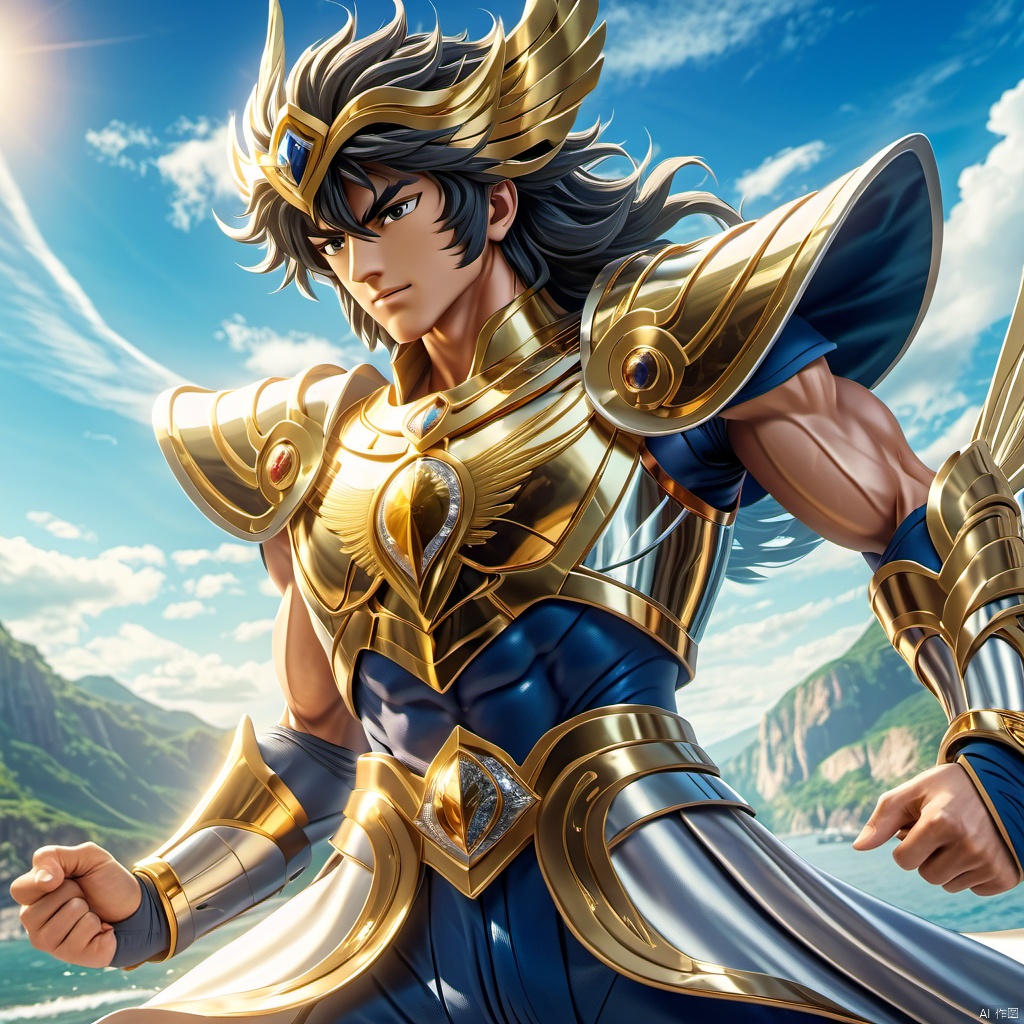 (best quality), Saint Seiya, Gorgeous Golden Sacred Clothes, amazing, realistic, sparkling, sporty,  wide-angle, fisheye, lens focus, ultra realism and details, high detail texture, ultra high quality, 16K, cinematic color, 