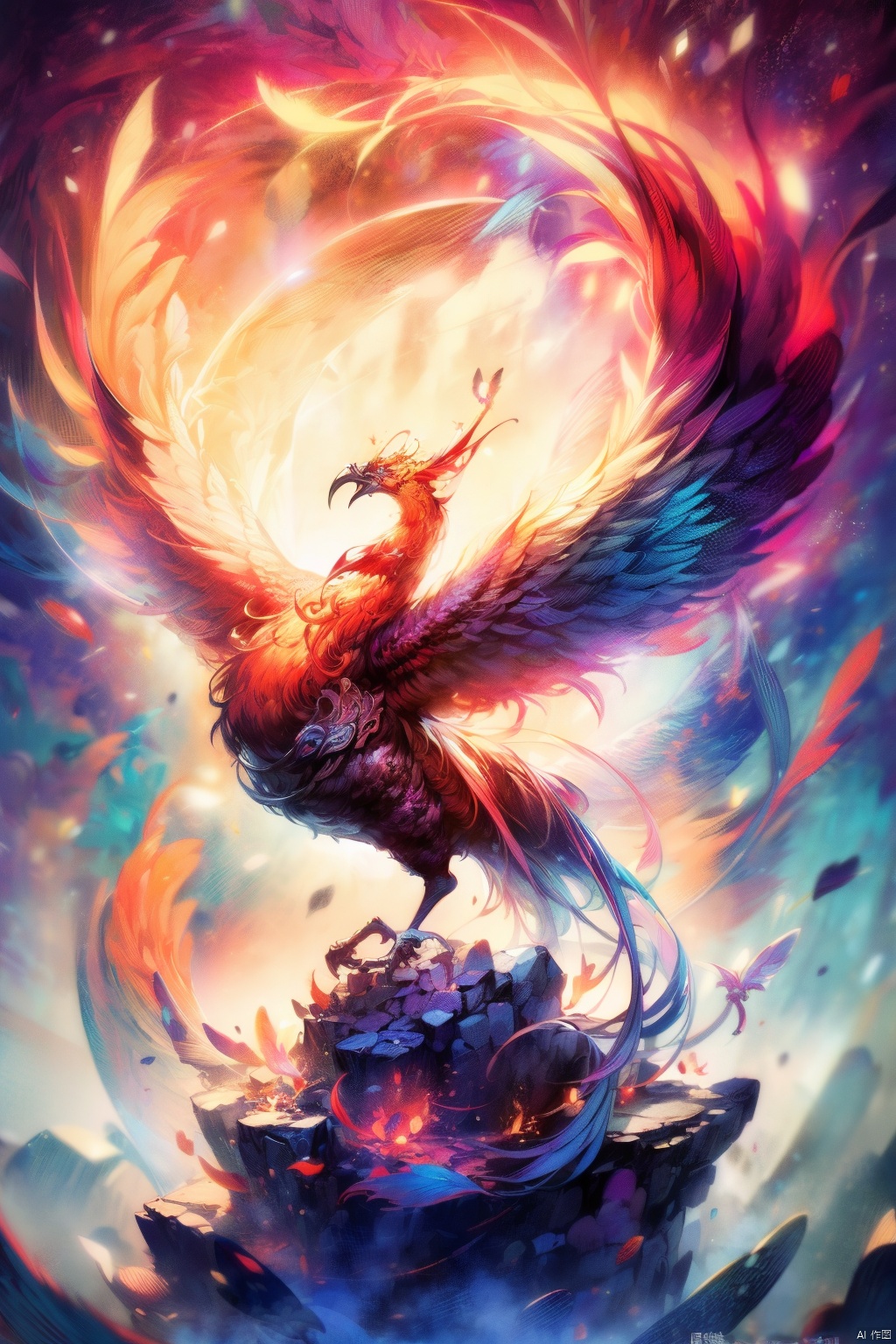  (masterpiece, top quality, best, official art, beautiful and aesthetic:1.2),(masterpiece, top quality, best quality, official art, beautiful and aesthetic:1.2),(masterpiece, top quality, best quality, official art, beautiful and aesthetic:1.2),(fenghuang),(phoenix),bird,fire, , bird