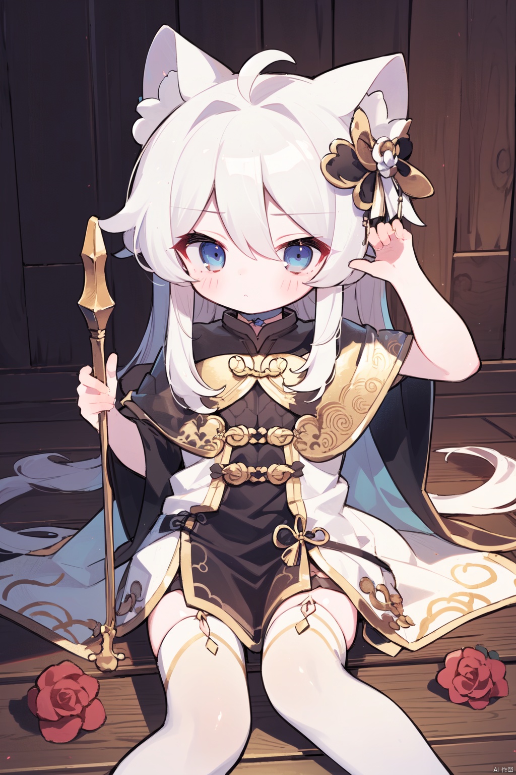  best quality, amazing quality, very aesthetic,petite,loli,1boy, solo, white_eye, thighhighs, rose, long_hair, looking_at_viewer,  white_hair,  hair_between_eyes, choker, bangs,blush,  Gypsy costume, wooden cane, white falcon (\shen ming shao nv\)