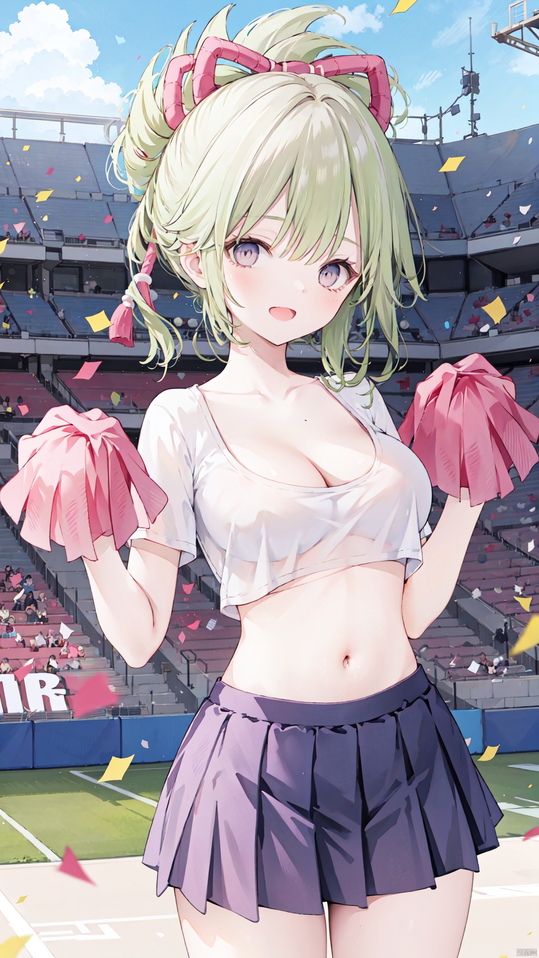  1girl, kuwayama chiyuki, pom pom (cheerleading), stadium, breasts, cheerleader, holding pom poms, navel, skirt, brown hair, crop top, ahoge, confetti, cleavage, solo, ponytail, smile, looking at viewer, large breasts, midriff, blurry, blurry background, choker, blush, brown eyes, open mouth, collarbone, outdoors, holding, pleated skirt, belt, short sleeves, shirt, bangs, shorts, miniskirt, shorts under skirt, blue shirt, long hair, white skirt, yellow belt, bike文胸green hair 裸体无衣服