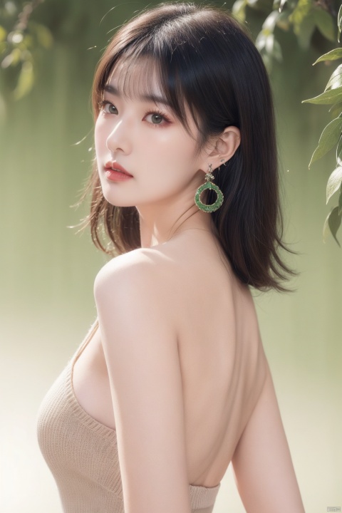  1girl, solo, looking at viewer, bangs, black hair, brown eyes, jewelry, closed mouth, upper body, earrings, medium hair, from side, sweater, lips, makeup, leaf, plant, green background, green theme, naked