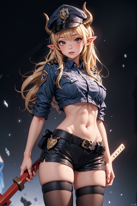  1girl, horns, solo, police, thighhighs, police uniform, navel, hat, mask, shorts, breasts, midriff, belt, pointy ears, long hair, uniform, blonde hair, weapon, police hat, black thighhighs, policewoman,  naked
