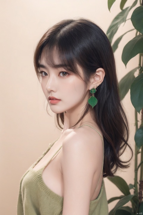  1girl, solo, looking at viewer, bangs, black hair, brown eyes, jewelry, closed mouth, upper body, earrings, medium hair, from side, sweater, lips, makeup, leaf, plant, green background, green theme, naked