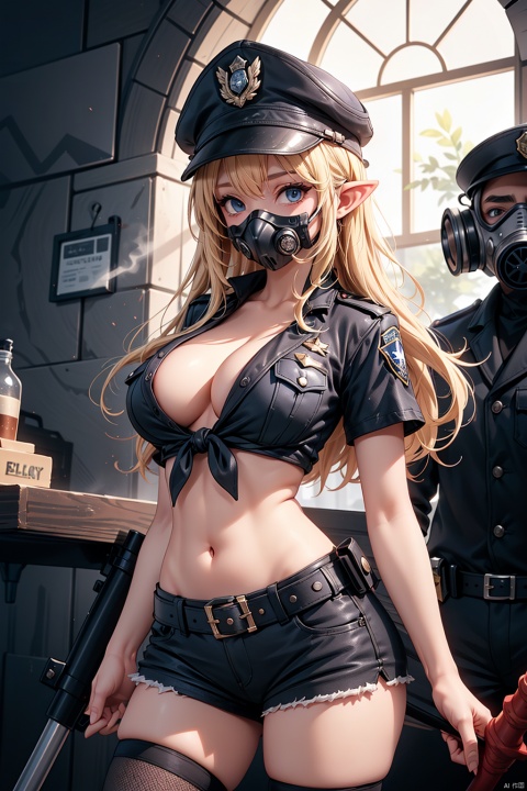  1girl, horns, solo, police, thighhighs, police uniform, navel, hat, mask, shorts, breasts, midriff, belt, pointy ears, long hair, uniform, blonde hair, weapon, police hat, black thighhighs, policewoman, crop top, short shorts, looking at viewer, gas mask, horns through headwear, shirt, front-tie top, cleavage, standing, tied shirt, arms at sides, peaked cap, mouth mask, short sleeves, holstered weapon, large breasts, sheath, sheathed, respirator, blue eyes,  naked