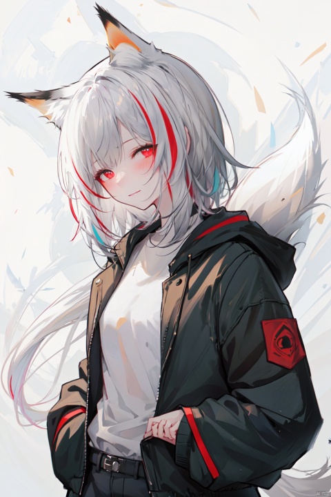  1girl, animal_ears, red_eyes, solo, v, tail, smile, multicolored_hair, red_hair, hair_ornament, jacket, fox_ears, looking_at_viewer, two-tone_background, black_jacket, streaked_hair, animal_ear_fluff, fox_girl, blush, fox_tail, x_hair_ornament, upper_body, short_hair,  nakedness
