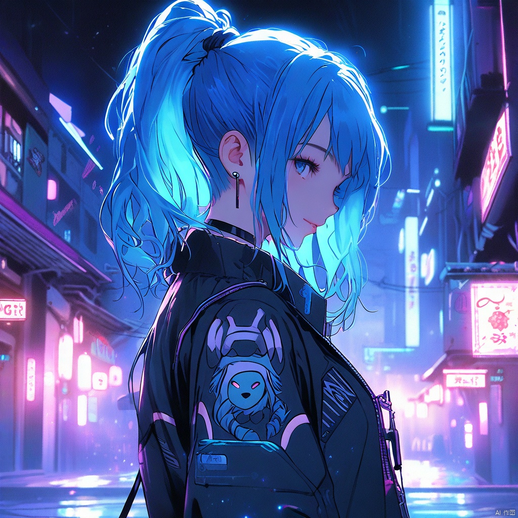 A girl with blue hair standing in a night scene, in the style of techpunk,cyberpunk, subtle use of light and shadow, nightcore, photo-realistic techniques, charming anime characters, detailed ink illustrations, cloisonnism, japanese-inspired art, neon-lit urban, shilin huang, intense close-ups, cobra