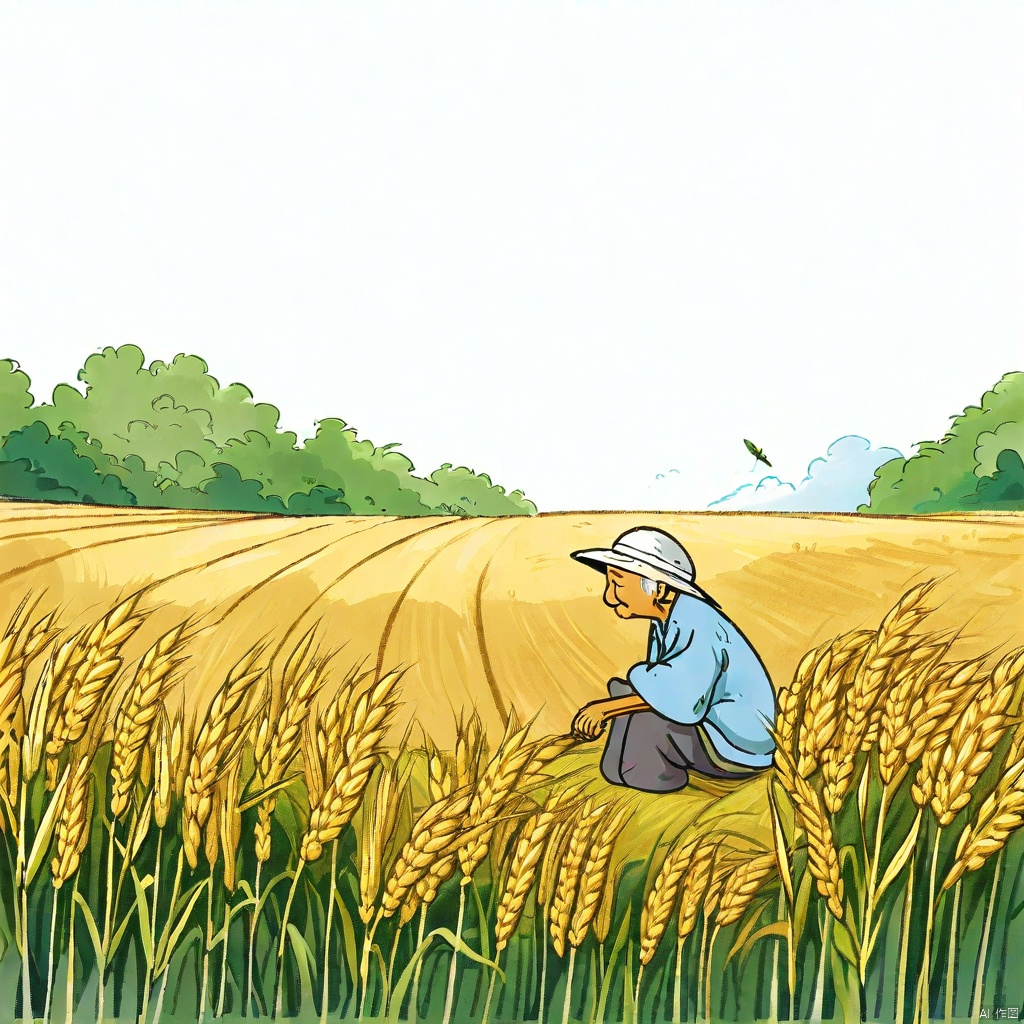 I dreamed that the rice grew as tall as sorghum, the ears were as long as a broom, and the grains were the size of peanuts, while a older sat under the ears of rice to enjoy the shade.我梦见水稻长得有高粱那么高,穗子像扫把那么长,颗粒像花生那么大,一个老人坐在稻穗下面乘凉。水稻,稻田,很多水稻。
