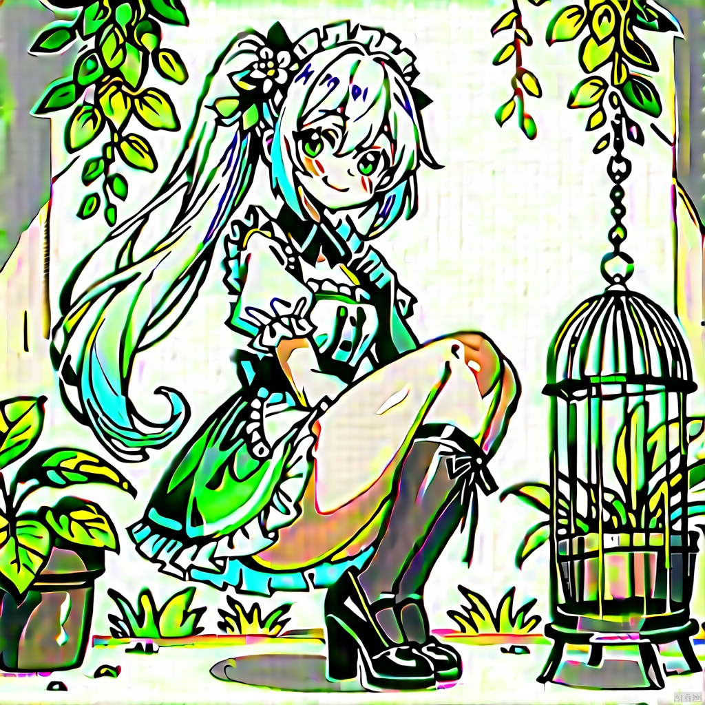 1girl, solo, long hair, looking at viewer, bangs, gloves, dress, green eyes, white hair, multicolored hair, frills, green hair, indoors, black footwear, apron, maid, maid headdress, kneeling, gradient hair, plant, cage, birdcage,nahida (genshin impact),蠢沫沫