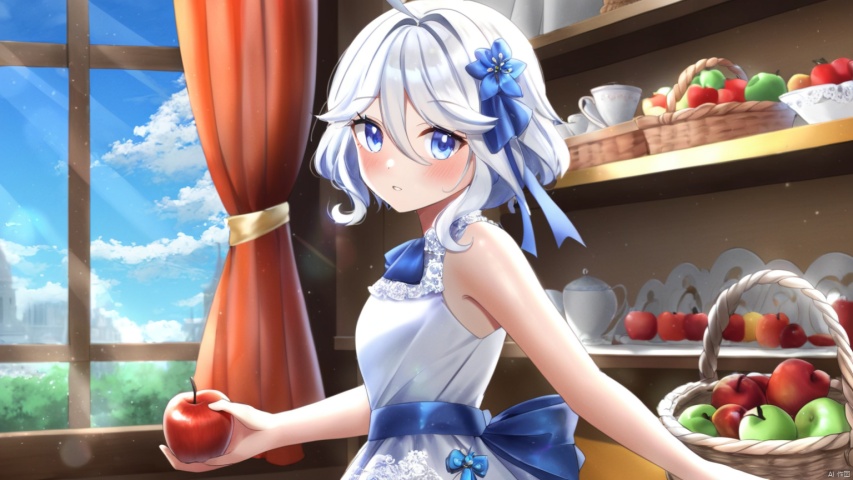 furina,masterpiece,best quality,high quality,(colorful),[Artist onineko],[Artist chen bin],[Artist agwing86],[[Artist wlop]], 1girl, solo, blue eyes, food, dress, basket, looking at viewer, white dress, white hair, holding, window, apple, fruit, holding basket, sleeveless, ahoge, ribbon, sleeveless dress, indoors, parted lips, hair ornament, flower, hair between eyes, blue ribbon, hair ribbon, blush, from side, hair flower, frills, short hair, blue bow, frilled dress, medium hair, looking to the side, curtains, bare shoulders, bow, standing