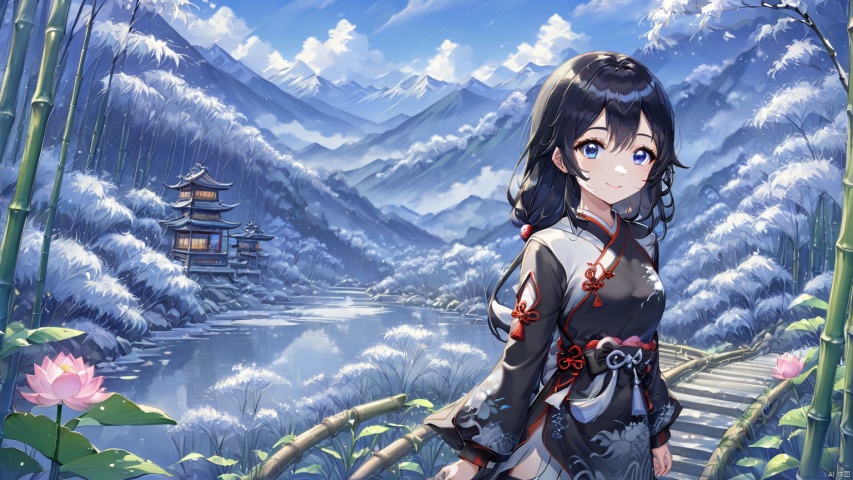 A girl with a smile, long black hair, single hair, long sleeves, stairs overlooking the bamboo forest, stairs, mountains, blue sky, White Clouds, sunshine, traditional Chinese inkpainting, spring scenery of mountain bamboo, moonlight over lotus pond, snow scene, picturesque landscape ,countryside,little thoughts