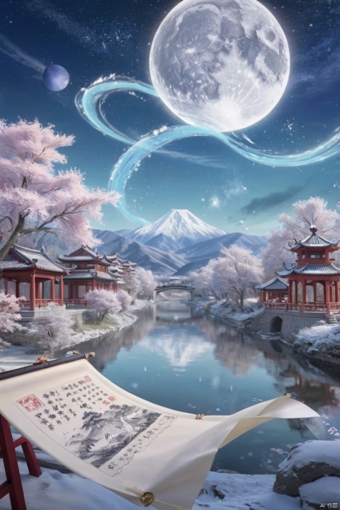 Ash,(Huge scroll floating in the sky) A girl, fantasy concept, glowing text color river particles, scenery, trees, mountains, Zen Chinese festival aesthetics,0,furina