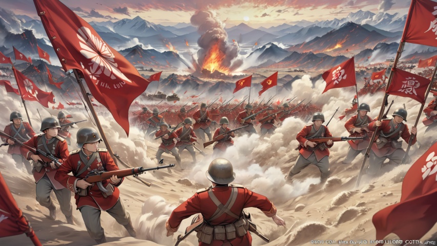 (ultra detailed, High quality ,best quality, High precision, Fine luster, UHD, 16k), (official art, masterpiece), The scene of the Chinese War of Resistance Against Japanese Aggression is very grand, army, rifle, five-star red flag, thick smoke, flying sand, war, intense, panorama, red brown color scheme, spectacular, historical events, war burning, panorama, top view