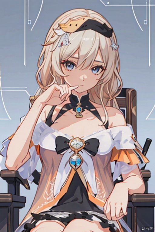 (((masterpiece))),best quality, illustration,(beautiful detailed girl), a girl ,solo,bare shoulders,flat_chst,diamond and glaring eyes,beautiful detailed cold face,very long blue and sliver hair,floaing black feathers,wavy hair,black and white sleeves,gold and sliver fringes,a (blackhole) behind the girl,a silver triple crown inlaid with obsidian,(sit) on the black ((throne)), (depth) of (field)