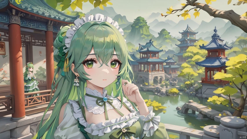 1girl, beautiful face, Green hair, Lolita dress,Chinese build,trees,guochao,oil painting