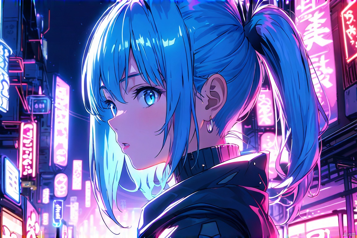 A girl with blue hair standing in a night scene, in the style of techpunk,cyberpunk, subtle use of light and shadow, nightcore, photo-realistic techniques, charming anime characters, detailed ink illustrations, cloisonnism, japanese-inspired art, neon-lit urban, shilin huang, intense close-ups, cobra
