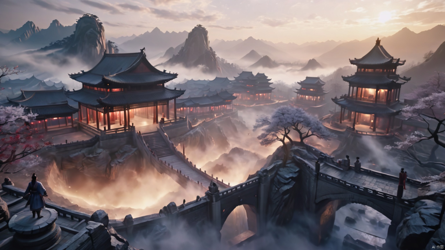  Ancient China, Wuxia World, Thousands of Swords, Flying Sword, Black through the Hole, surrounded by mist, vast panorama, Unreal light and shadow, wide Angle lens, captured at dusk, cinematic texture, Unreal Engine 4, 8K Ultra HD, clear and bright image quality, amazing fantasy immortal scenes, ink painting style, highly refined, dynamic expression, clear lines, cinematic texture, Cold atmosphere, vivid, render high octane, extremely fine,wujie,wanjianguizong,jianjue,11,amazing6