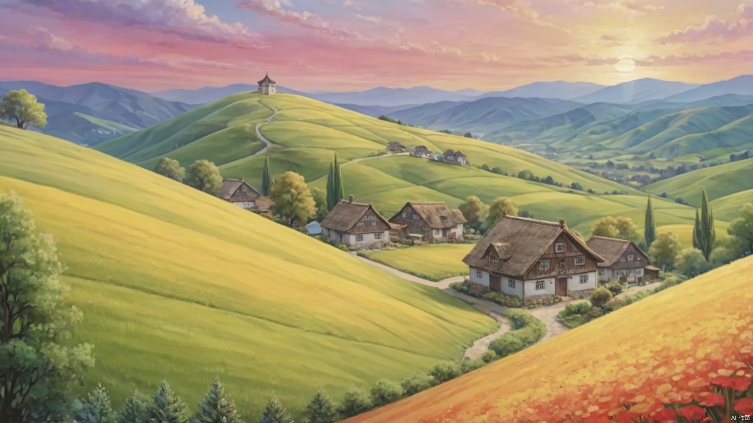 乡村, An idyllic countryside vista with undulating hills and quaint farmhouses, in the style of poster art, hyper-detailed, richly colored skies, colorful, Oil painting,cozyanimationscenes,illustration,雪景