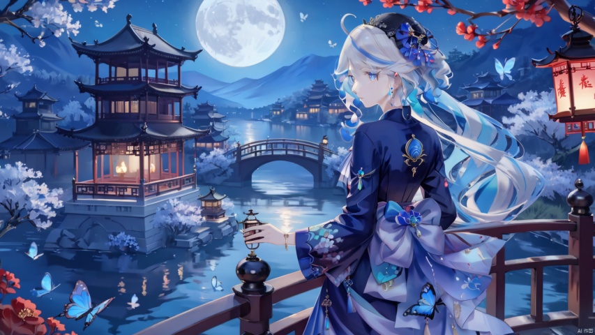 A girl, alone, long hair, looking at the audience,  hair accessories, long sleeves, clothes, hugging, standing, flowers, outdoors, looking back, water, hair bun, from behind, tree, Belt, Chinese clothes, moon, red clothes, insects, butterflies, hands with lanterns, railings, branches,bridges,Hanfu,月上枝头, traditional chineseinkpainting,荷塘月色,山竹春色, keaiduo,小心思,furina,masterpiece,best quality