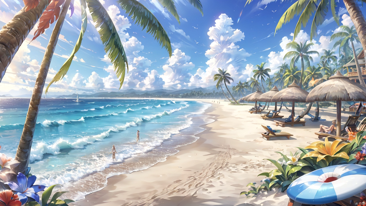 (masterpiece), (best quality), Exquisite visuals, high-definition, (ultra detailed), finely detail, (gradient Blue),(surfe on the sea, surfe),complex, ((sand)), palm trees, high definition, animation style, key visual, vibrant, anthropomorphic shells,The environment is next to the beach, with coconut trees and many seashells on the beach , Small shell, bk-hd,