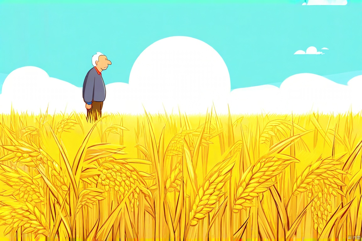一片稻田,一个老人,水稻长得比老人高,稻谷长得比老人高,烈日高照,稻谷的影子为老人遮挡了太阳,可以看到远处的风景,动画风格